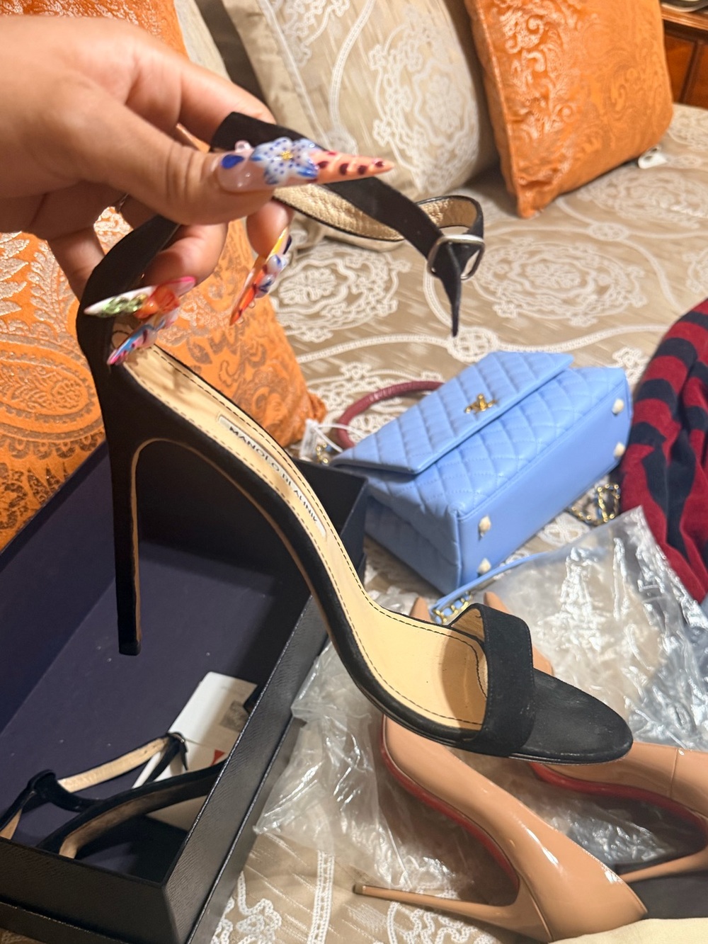 Manolo Blahnik Black Suede Ankle-Strap Stiletto Heels